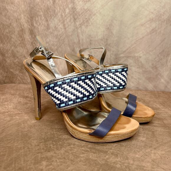 Coach Steffi Heels Pumps Slingback Woven Open Toe Sandals Silver Metallic Blue - Picture 1 of 14